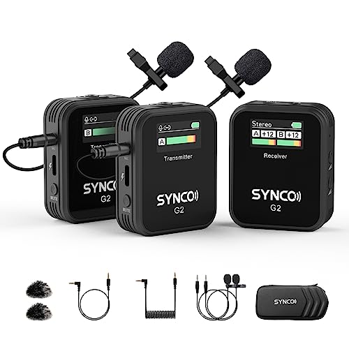 SYNCO Wireless Lavalier Microphone, G2(A2) 2.4G Dual Transmitter 48KHz 24Bit Lapel Mic 656FT 8H for Online Class Vlog Stream YouTube for Camera Smartphone Tablet