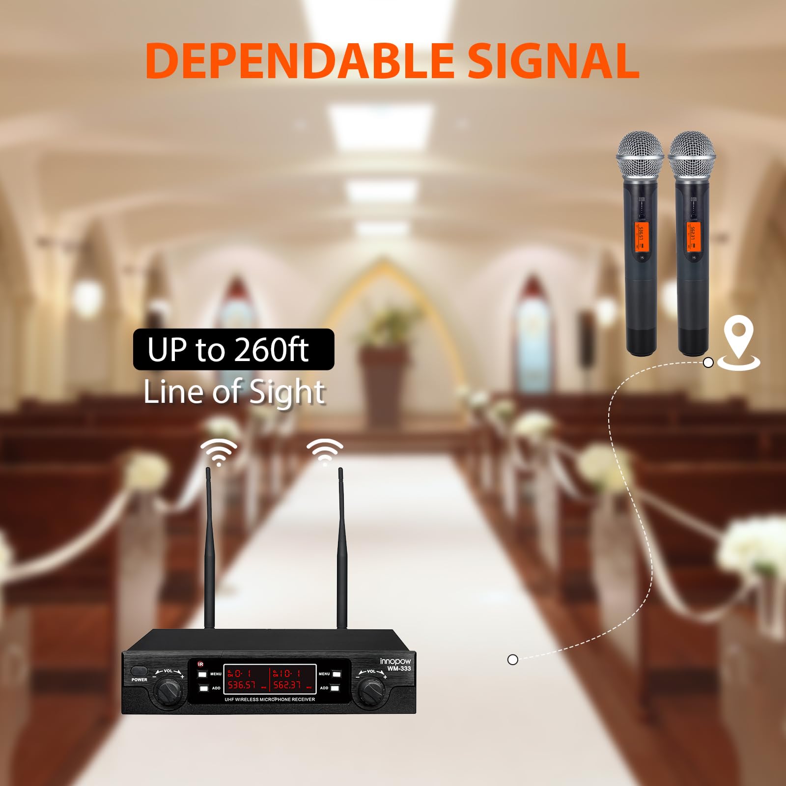 innopow 200-Channel Wireless Microphones System, Dual UHF Metal Cordless Mic Set, Auto Scan, Long Range 200-240Ft,16 Hours Use for Karaoke Singing, Church, 2022 Version(WM333)