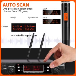 innopow 200-Channel Wireless Microphones System, Dual UHF Metal Cordless Mic Set, Auto Scan, Long Range 200-240Ft,16 Hours Use for Karaoke Singing, Church, 2022 Version(WM333)