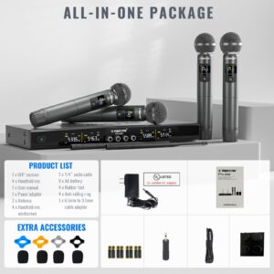 Phenyx Pro Wireless Microphone System, Metal Wireless Mic Set with 4 Cordless Mics, 4x25 UHF Adjustable Frequencies, 200ft Range, Dynamic Microphones for Singing, Karaoke, Church, DJ (PTU-5200-4H)