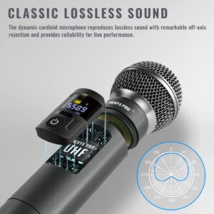 Phenyx Pro Wireless Microphone System, Metal Wireless Mic Set with 4 Cordless Mics, 4x25 UHF Adjustable Frequencies, 200ft Range, Dynamic Microphones for Singing, Karaoke, Church, DJ (PTU-5200-4H)