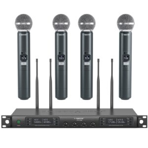 Phenyx Pro Wireless Microphone System, Quad Channel Wireless Mic, w/ 4x40 Channels, 4 Handheld Dynamic Microphones,Auto Scan, Long Distance 328ft, Microphone for Singing, Church, Karaoke (PTU-7000A)