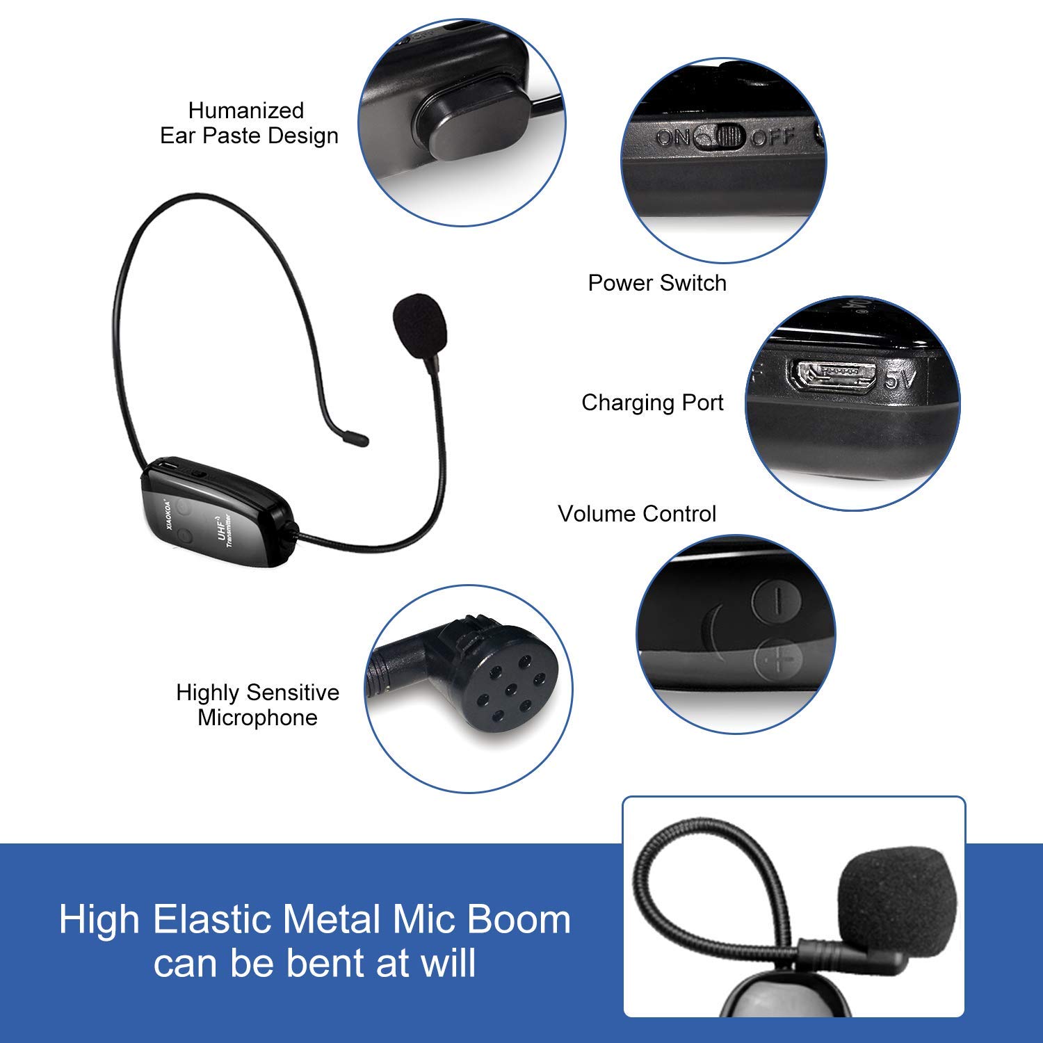 XIAOKOA UHF12 Wireless Microphone Headset, 160ft Range, Dual Micro USB Charging, Suitable for Teaching, Stage Performers, Fitness Instructors