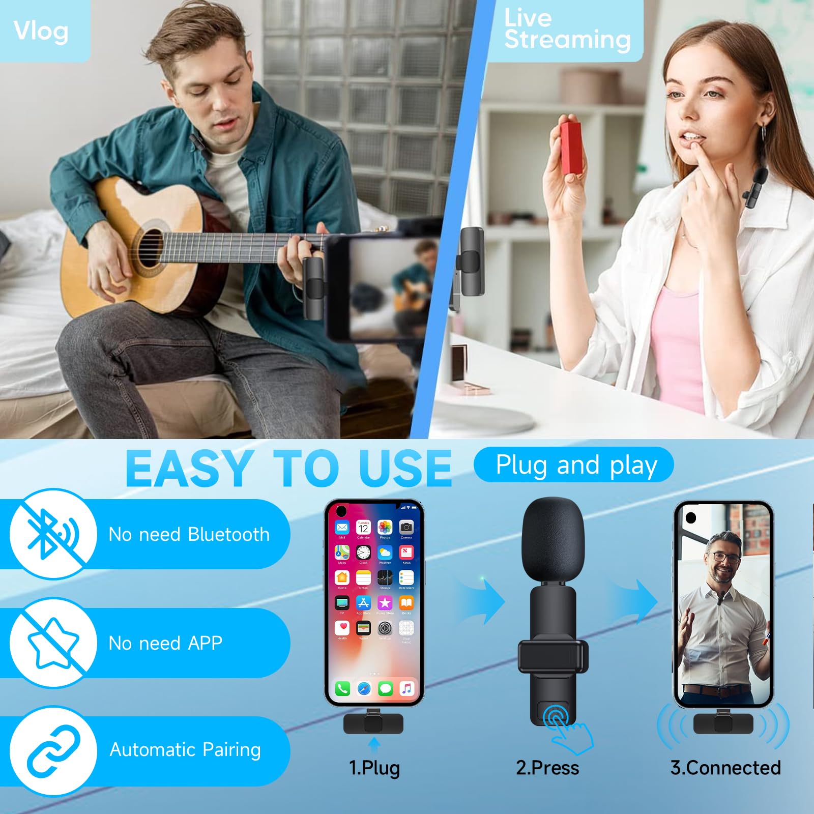 PQRQP Wireless Microphone, Mini Microphone, Microphone for Type-C Phone, Wireless Microphones, Wireless Lavalier Microphone, Microphone for Video Recording, YouTube, Vlog