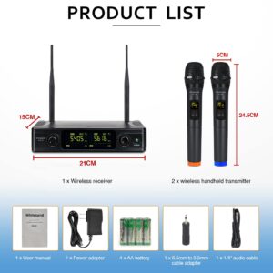 whitesand UHF Wireless Microphone System, Dual Wireless Mic Set w/ 2 Handheld Dynamic Microphones, 2x30 Frequencies, Color Coded Microphone for Singing, Home Karaoke, DJ, Church, Wedding (WSM-300)