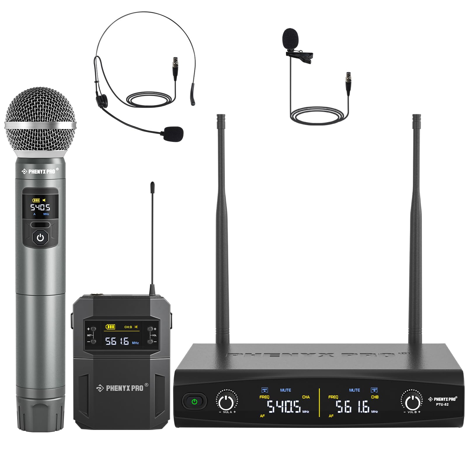 Phenyx Pro Wireless Microphone System,Metal Wireless Mic Set with Handheld Microphone/Bodypack/Headset/Lapel Mics,2 x 30 UHF Frequencies, Cordless Mic for Singing, Karaoke, Church, DJ(PTU-52-1H1B)