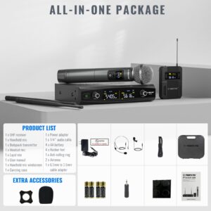 Phenyx Pro Wireless Microphone System,Metal Wireless Mic Set with Handheld Microphone/Bodypack/Headset/Lapel Mics,2 x 30 UHF Frequencies, Cordless Mic for Singing, Karaoke, Church, DJ(PTU-52-1H1B)