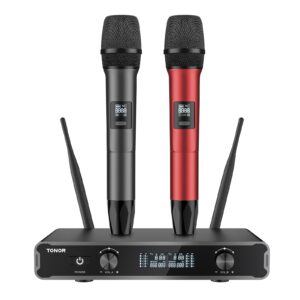 tonor wireless microphone systems, dual 2x15 adjustbale uhf channels micro kit, metal handheld dynamic singing mic 200ft with receiver for karaoke, dj party, church, wedding, speech, pa tw450 grey&red