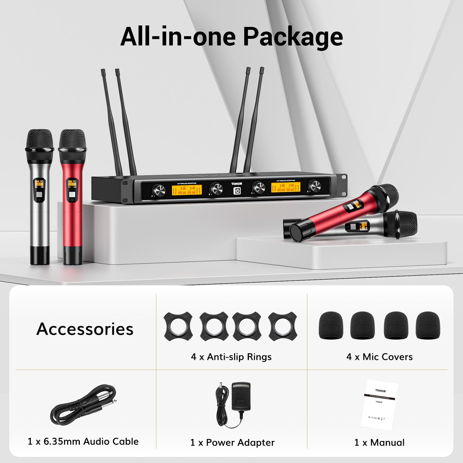 TONOR Wireless Microphones System with 4x10 Channels Dynamic Handheld Mics 4 Antennas for 295FT Long Distance Mic with Adjustable Frequencies Auto Connect for Singing Party Church Karaoke, Silver&Red