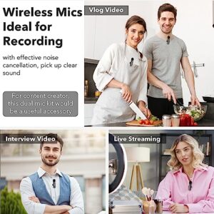 PoP voice 2PCs Wireless Lavalier Microphone for iPhone/iPad Dual Cordless Clip-on Mics Lapel Lav Mic for iPhone Video Recording Omni Condenser Rechargeable Noise Reduction Vlog Interview YouTube 66ft