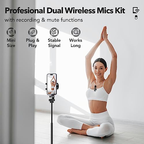 PoP voice 2PCs Wireless Lavalier Microphone for iPhone/iPad Dual Cordless Clip-on Mics Lapel Lav Mic for iPhone Video Recording Omni Condenser Rechargeable Noise Reduction Vlog Interview YouTube 66ft