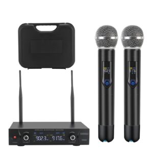 gudeholo wireless microphone system with case, metal uhf dual handheld 20 channels professional cordless mic system for church, dj, karaoke,wedding, home ktv set