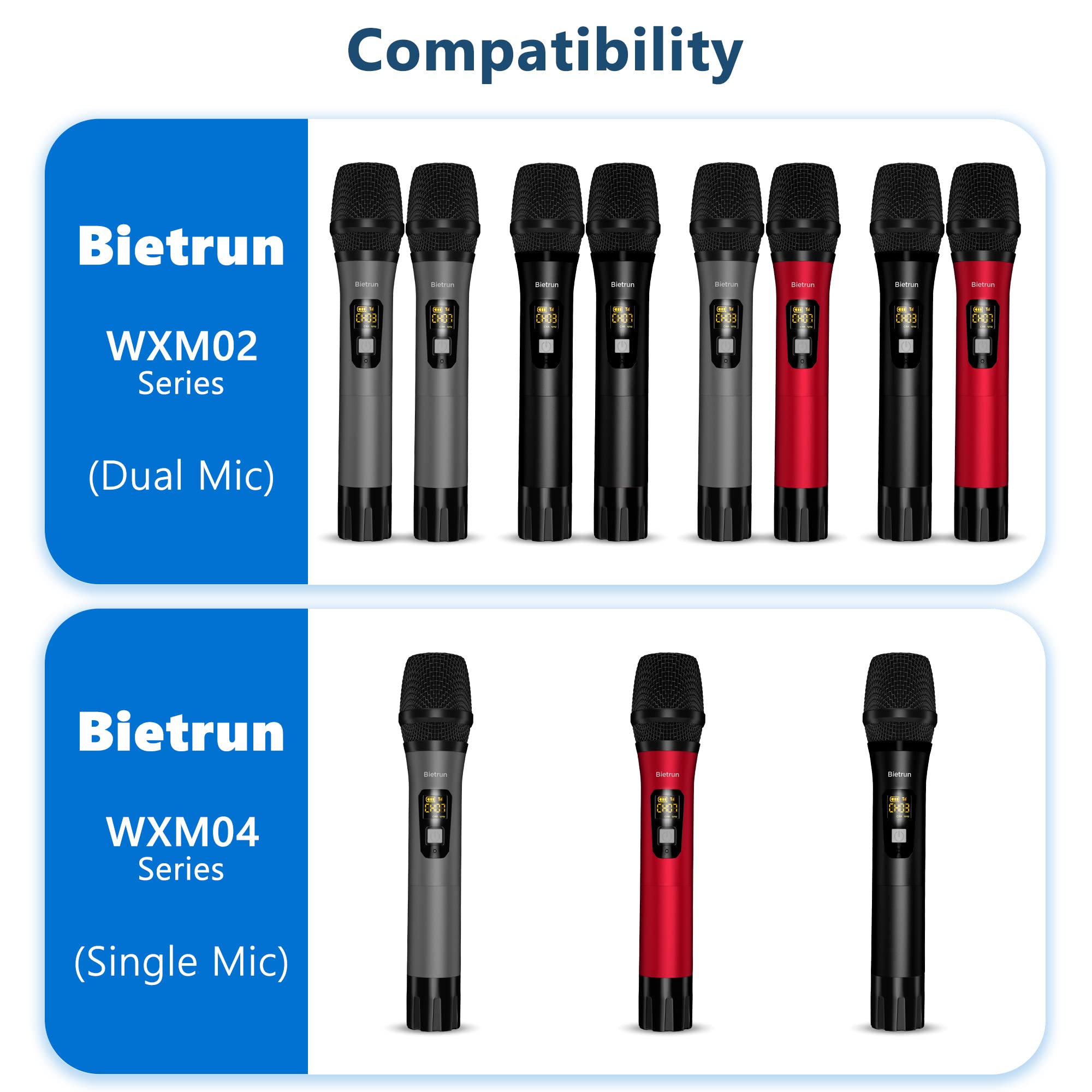 Bietrun UHF Receiver Wireless Microphone WXM02 / WXM04, with 720mAh Rechargeable Battery, 160 ft Working Range, 1/4" Output for for Karaoke Machine/PA Speakers System/Mixer