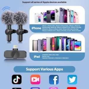 PUSEALON 2 Pack Wireless Lavalier Microphone for iPhone iPad, Plug-Play Professional Tiny Cordless Lapel Microphone Wireless, Wireless Mic for Recording Interview Vlog Livestream