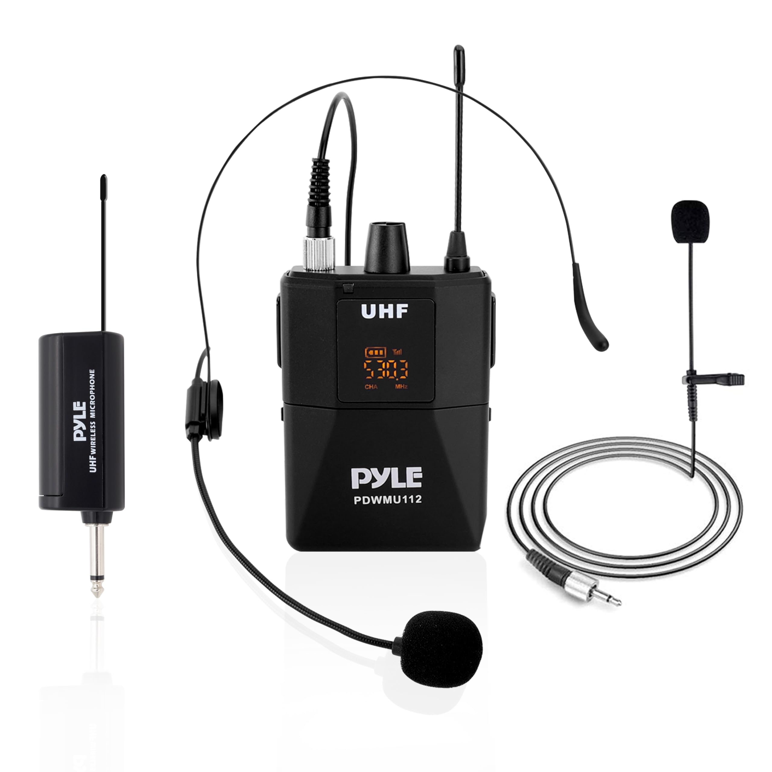 Pyle UHF Wireless Microphone System Kit - Portable Professional Cordless Microphone Set with Headset, Lavalier, Beltpack Transmitter, Receiver - Karaoke & Conference