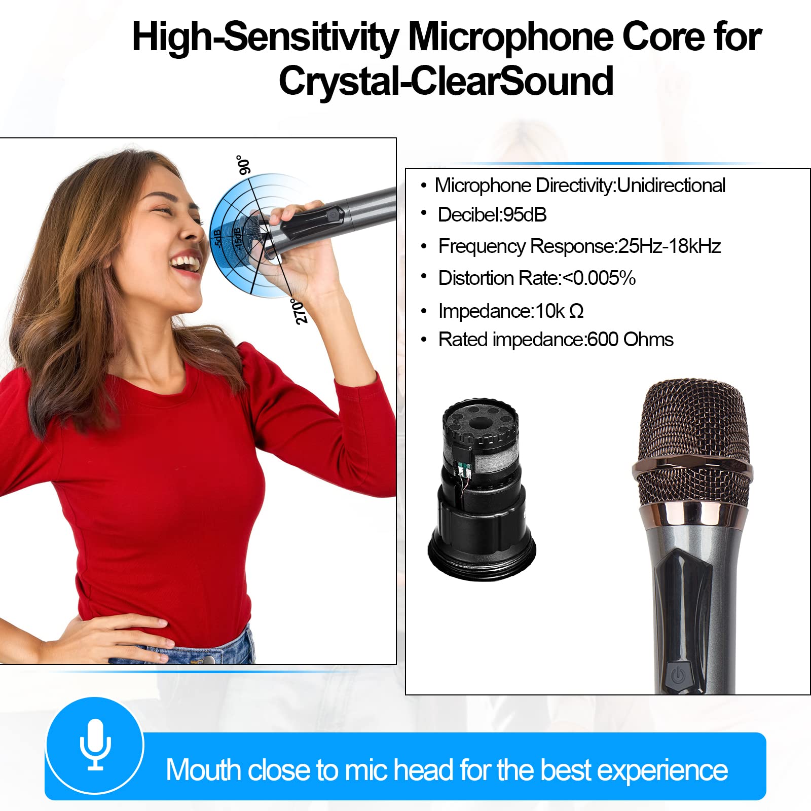 Wireless Microphone, UHF Dual Cordless Metal Dynamic Mic System with Rechargeable Receiver, for Karaoke, Church, Speech, Wedding, Party Singing,Class(200 ft Range)-Auto Connect