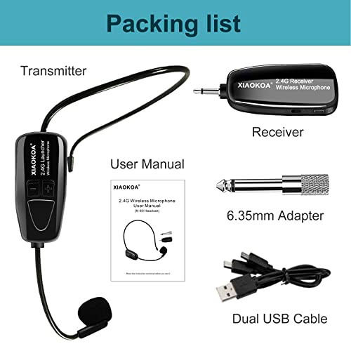 XIAOKOA 2.4G Wireless Microphone Headset, 50m Stable Transmission, Dual Micro USB Charging, Compatible with PA Systems