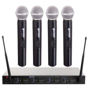 gemini sound uhf-04m wireless cordless professional set of 4 handheld microphones and receiver for dj, karaoke, stage performance or pa system four pack