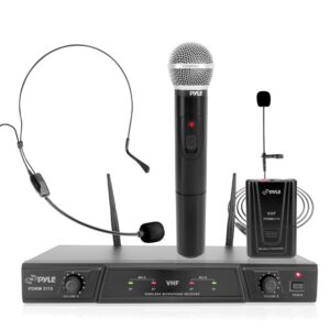 Pyle Dual Channel Wireless Microphone System - Portable VHF Audio Mic Set with Clip Lavalier lapel, Handheld, Headset, Transmitter, ¼’’ cable, power adapter - For Karaoke, PA DJ - Pyle Pro PDWM2115