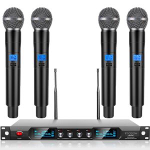 innopow 4-channel wireless microphone system, quad uhf metal cordless mic, 4 handheld mics, long distance150-200ft, fixed frequency, 16 hours use for karaoke singing, church