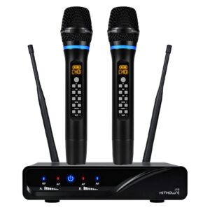 kithouse j10 wireless microphone karaoke system rechargeable, uhf metal cordless microphone handheld with volume echo treble bass control and receiver box for singing karaoke speech meeting