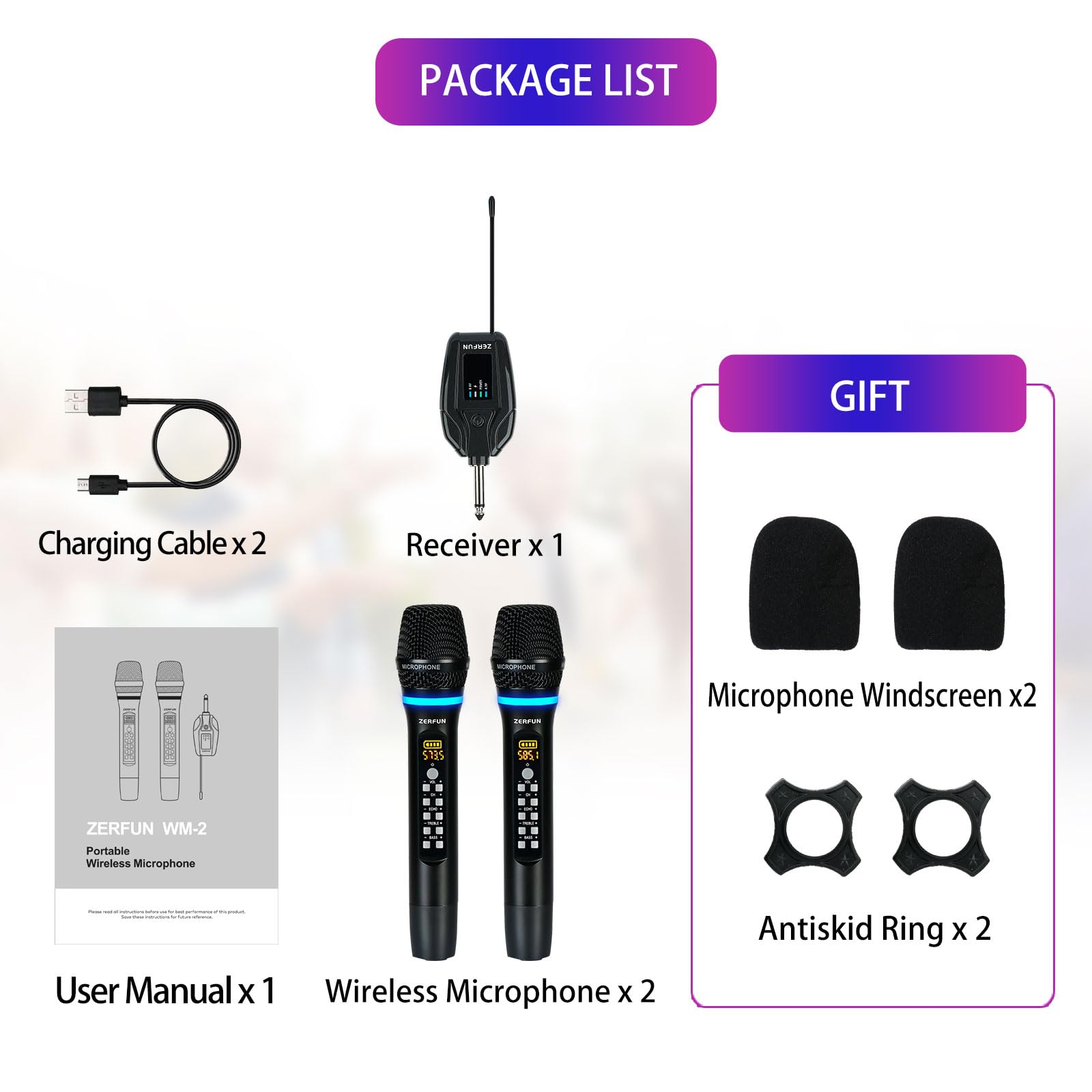 ZERFUN Rechargeable Wireless Microphones Dual, UHF Metal Cordless Mic System Professional Handheld for Karaoke Singing Church Events with Echo Treble BASS VOL Channel Control 1/4 Output (WM-2)