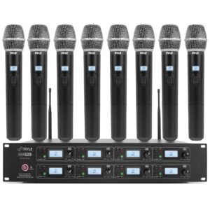 pyle professional 8 channel uhf wireless microphone system 8 handheld mics rack mount receiver base rf & af radio/audio frequency digital display independent channel volume control (pdwm8250),black