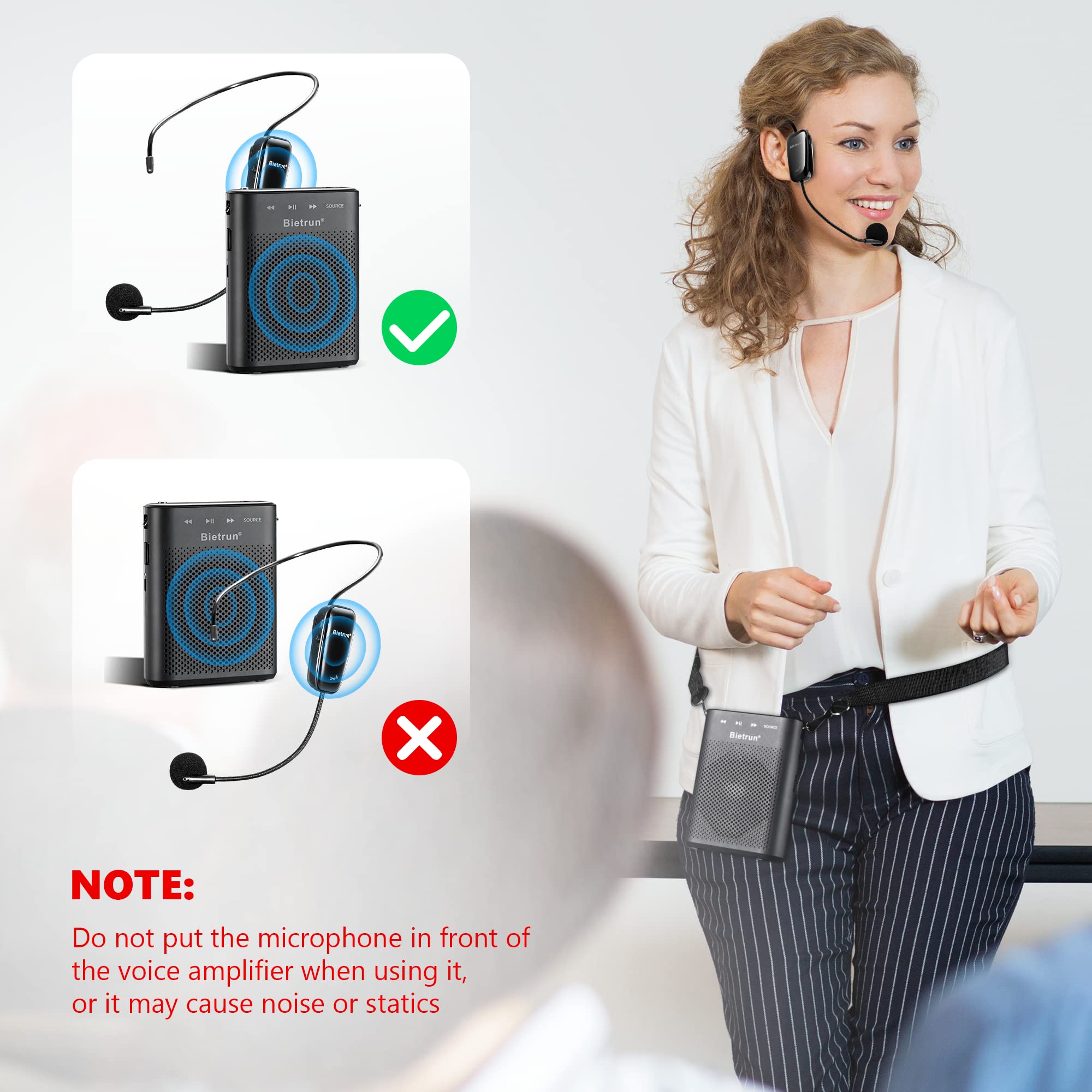 Bietrun Voice Amplifier for Teachers with Bluetooth, Portable Rechargeable Wireless Voice Amplifier with Headset Microphone Portable Megaphone Speaker for Teaching, Coach, Instructor, Tour Guide