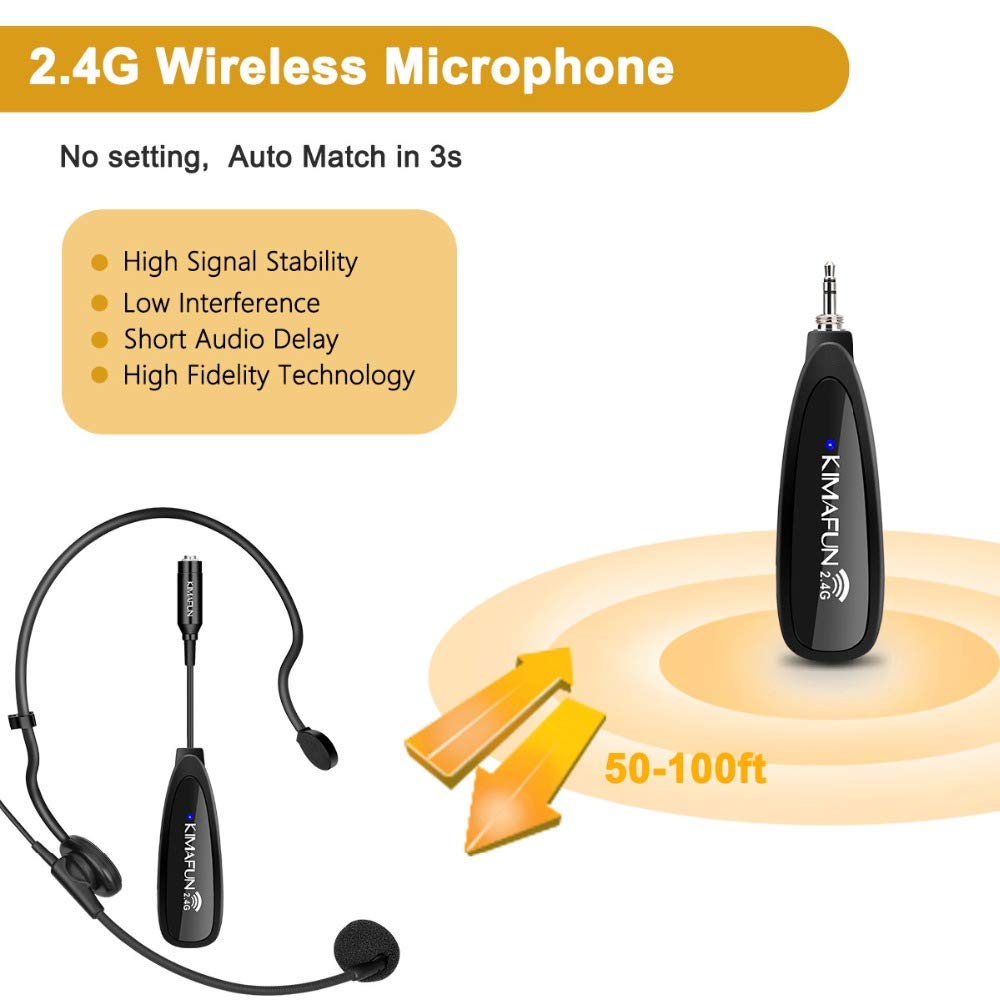 KIMAFUN Wireless Microphone System, 2.4G Wireless Microphone Transmitter/Receiver Set with Headset/Lavalier Lapel Mics, Ideal for Teaching, Weddings,Presentations,School Play,G102