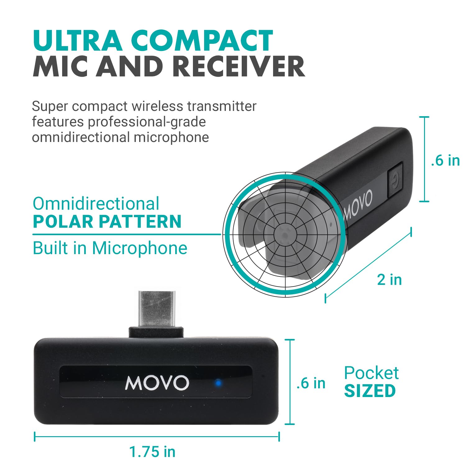 Movo Wireless Mini USB-C Wireless Microphone for iPhone 15 - iPhone 15 Microphone Compatible with iPhone 15 Pro Max - 10HR Battery Life, 164ft Range