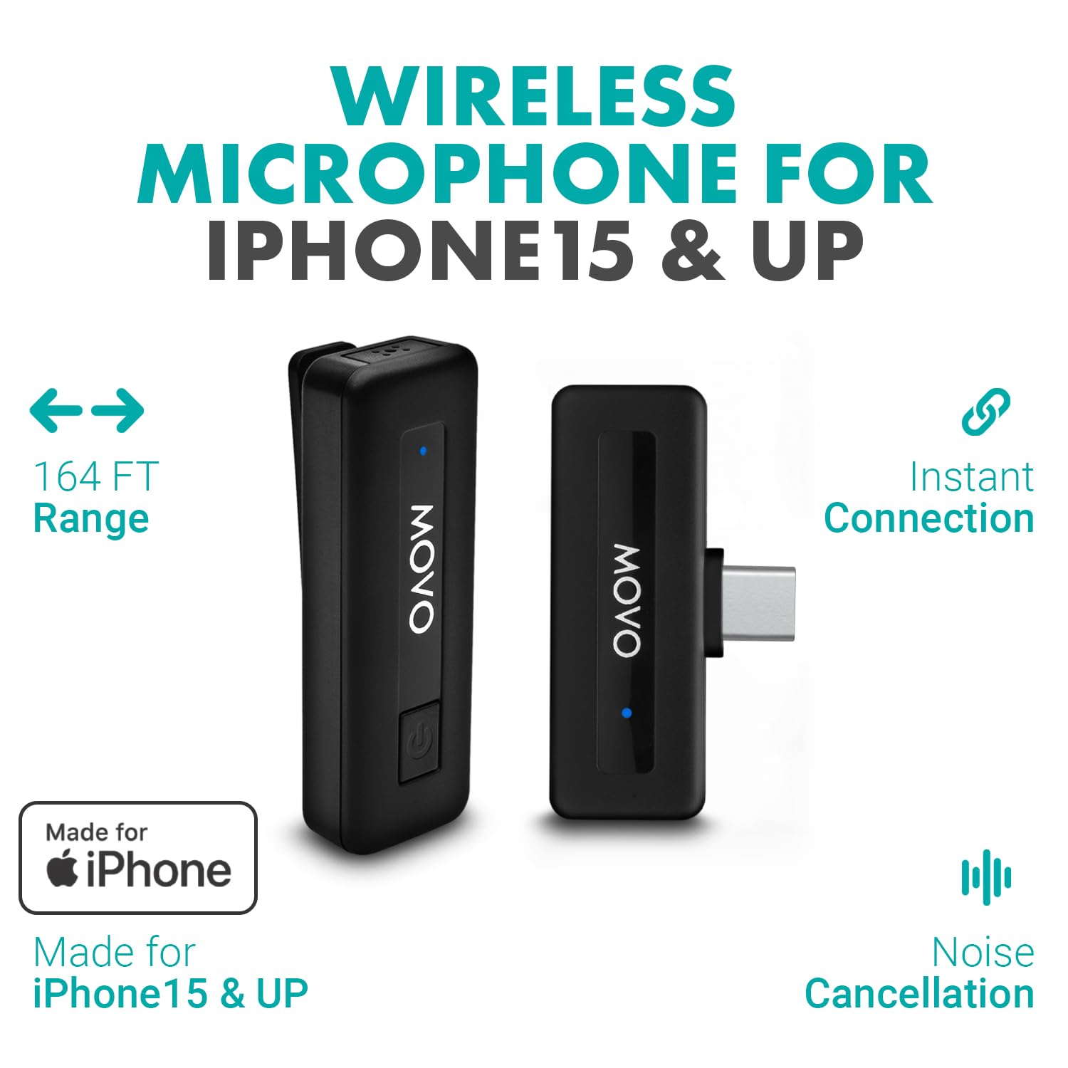 Movo Wireless Mini USB-C Wireless Microphone for iPhone 15 - iPhone 15 Microphone Compatible with iPhone 15 Pro Max - 10HR Battery Life, 164ft Range