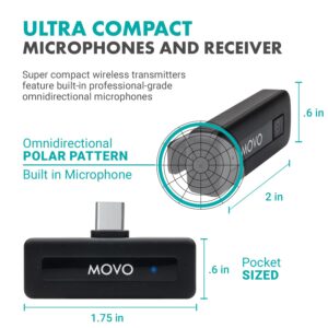 Movo Wireless Mini USB-C DUO Wireless Microphone for iPhone 15 - Ultracompact Bluetooth Microphone for iPhone 15 with Clip on Wireless Lavalier Microphone for iPhone 15