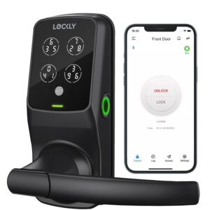 lockly secure plus latch, bluetooth smart lock with handle, keyless entry door lock, pin genie® keypad, 3d biometric fingerprint sensor, auto lock - matte black (pgd628fmb)