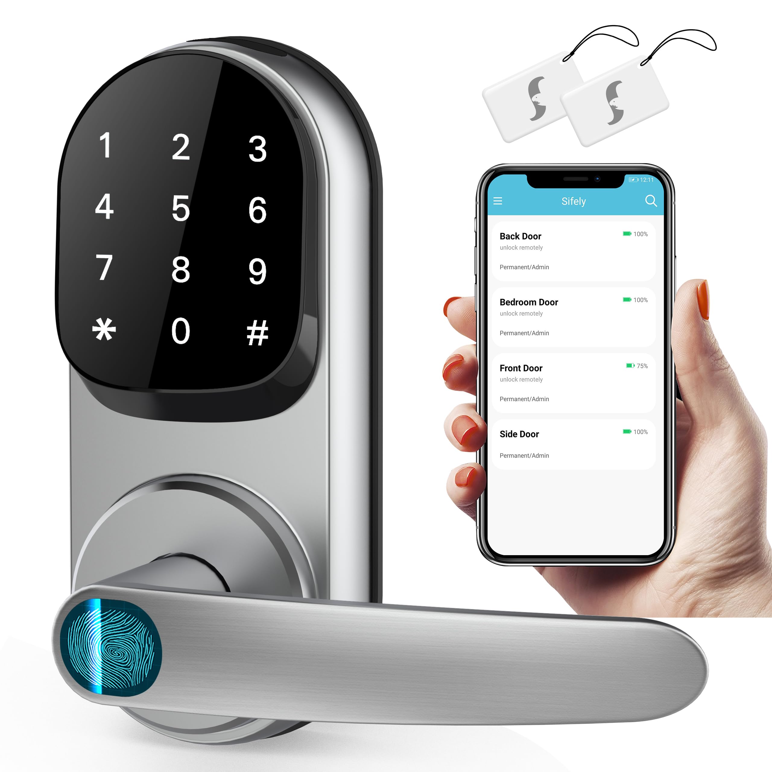 Sifely Smart Lock, Keyless Entry Door Lock, Smart Door Lock, Door Lock with Keypad, Smart Lock Front Door, Fingerprint Door Lock, Smart Lock with Handle, Digital Door Lock, Keypad Door Lock (Silver)