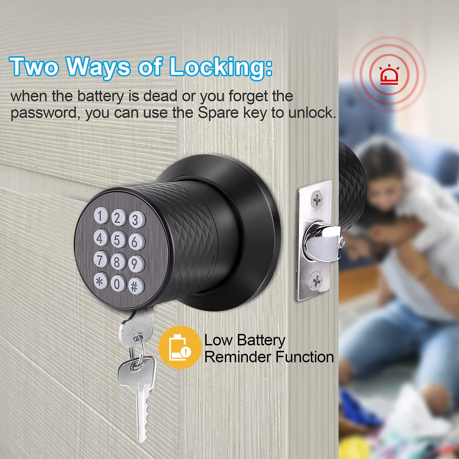 FITNATE Door Knob with Keypad,Digital Door Lock for Keyless Entry,Electronic Door Lock with Spare Keys,Auto Lock, Anti-Slip Handle, Easy to Install for Bedroom,Home and Office