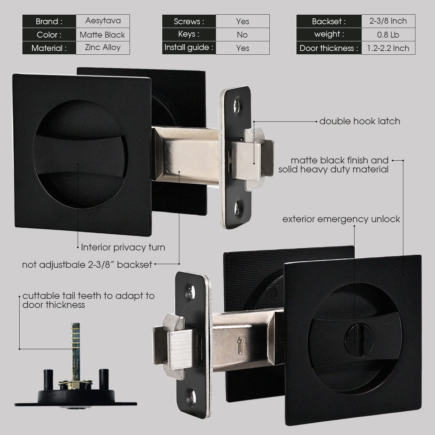 Aesytava Black Pocket Door Hardware, 2 Pack Matte Black Pocket Door Lock for Bathroom, Heavy Duty Solid Square Pocket Door Hardware(2 Pack)