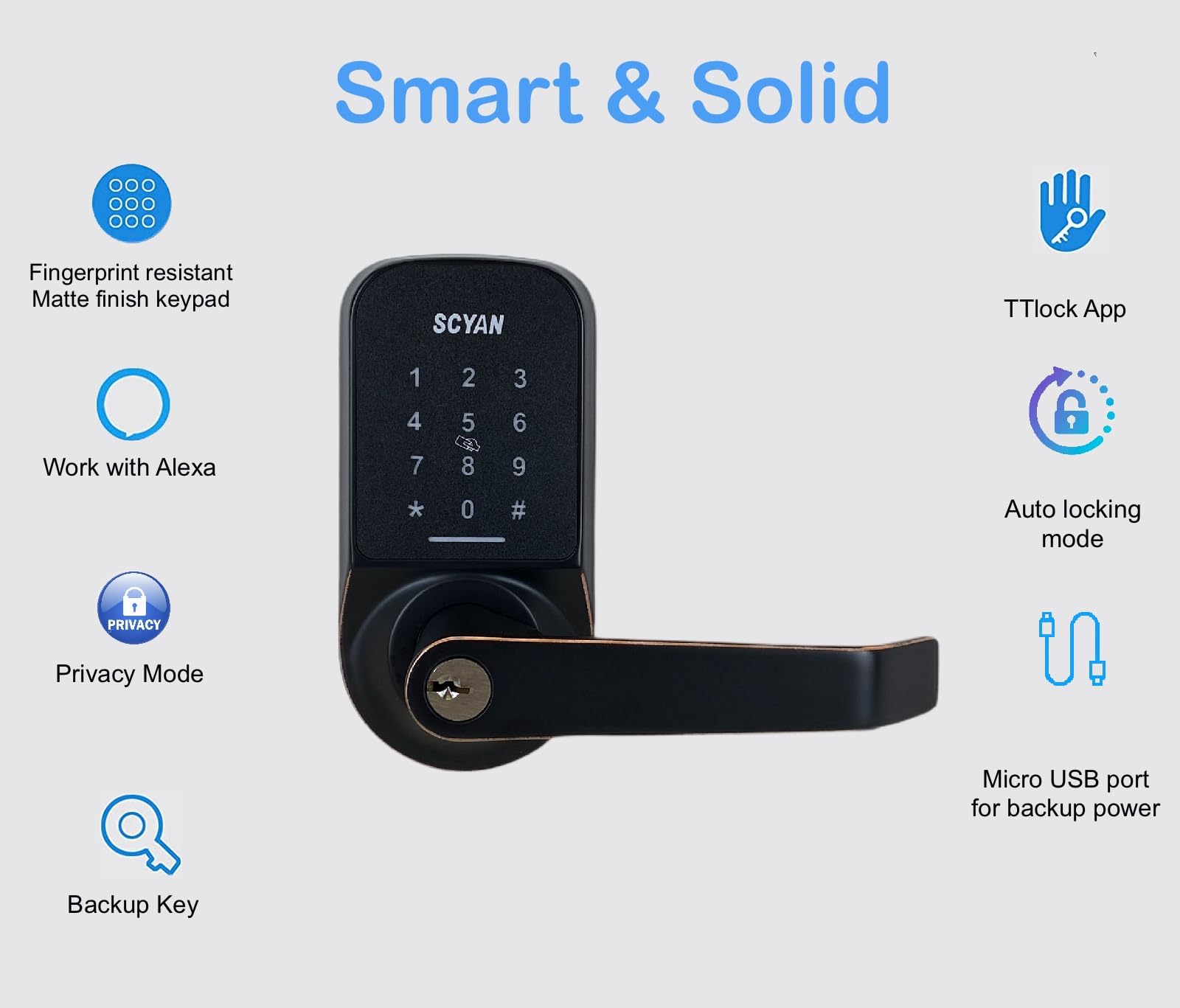 Smart Door Lock, Keyless Entry Door Lock, SCYAN X4 Handle Lock with Touchscreen Keypad Access, Auto Locking, for Home, Airbnb, Rental House (Oil-Rubbed Bronze)