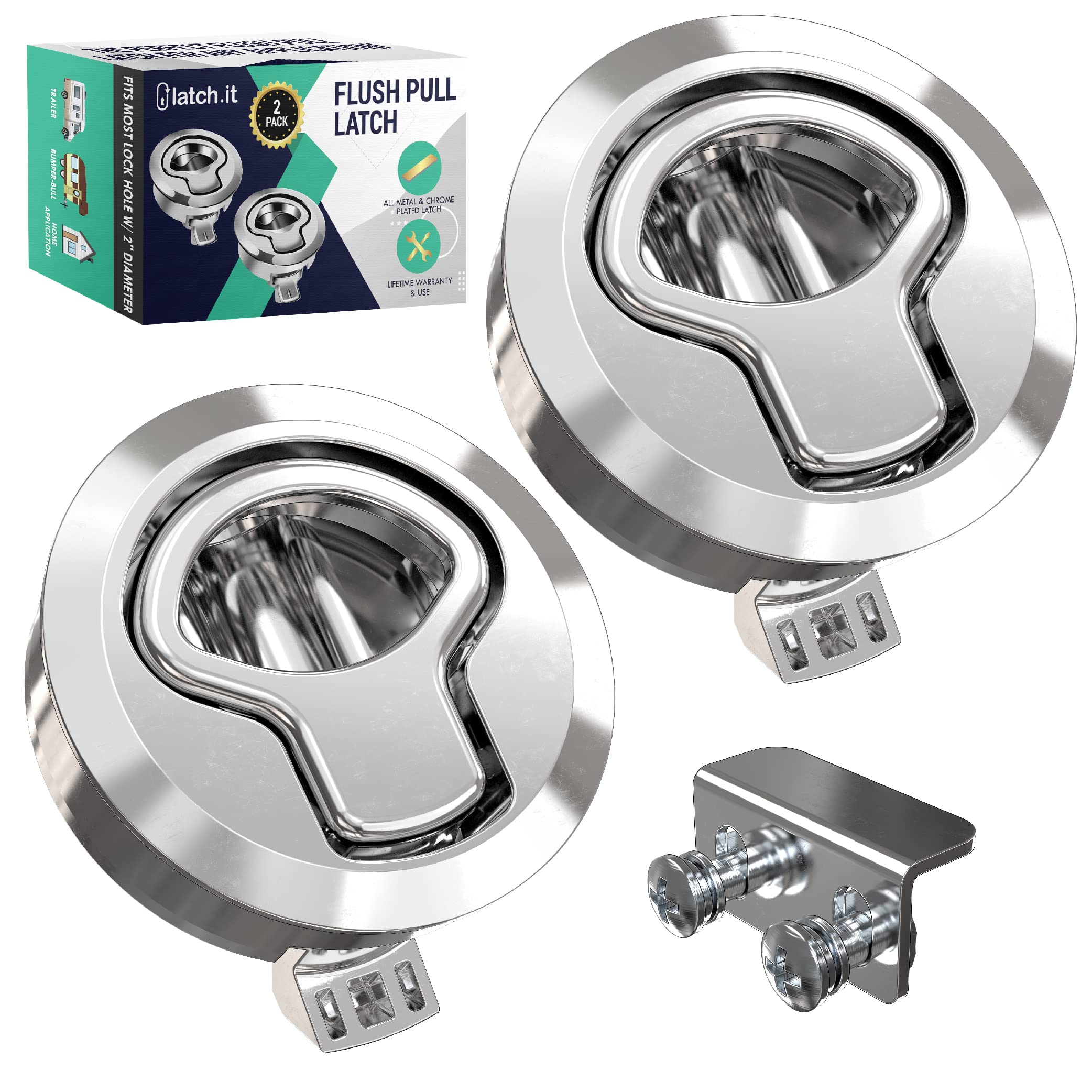 LATCH.IT RV Flush Latch Lock | 2 Pack Chrome Flush Slam Latch | Flush Mount Latch | 100% Metal Boat Latch | Heavy Duty RV Boat Lid Lock | Fits Lock Holes w/Diameter of 2” & Door Thickness up to 0.5”!