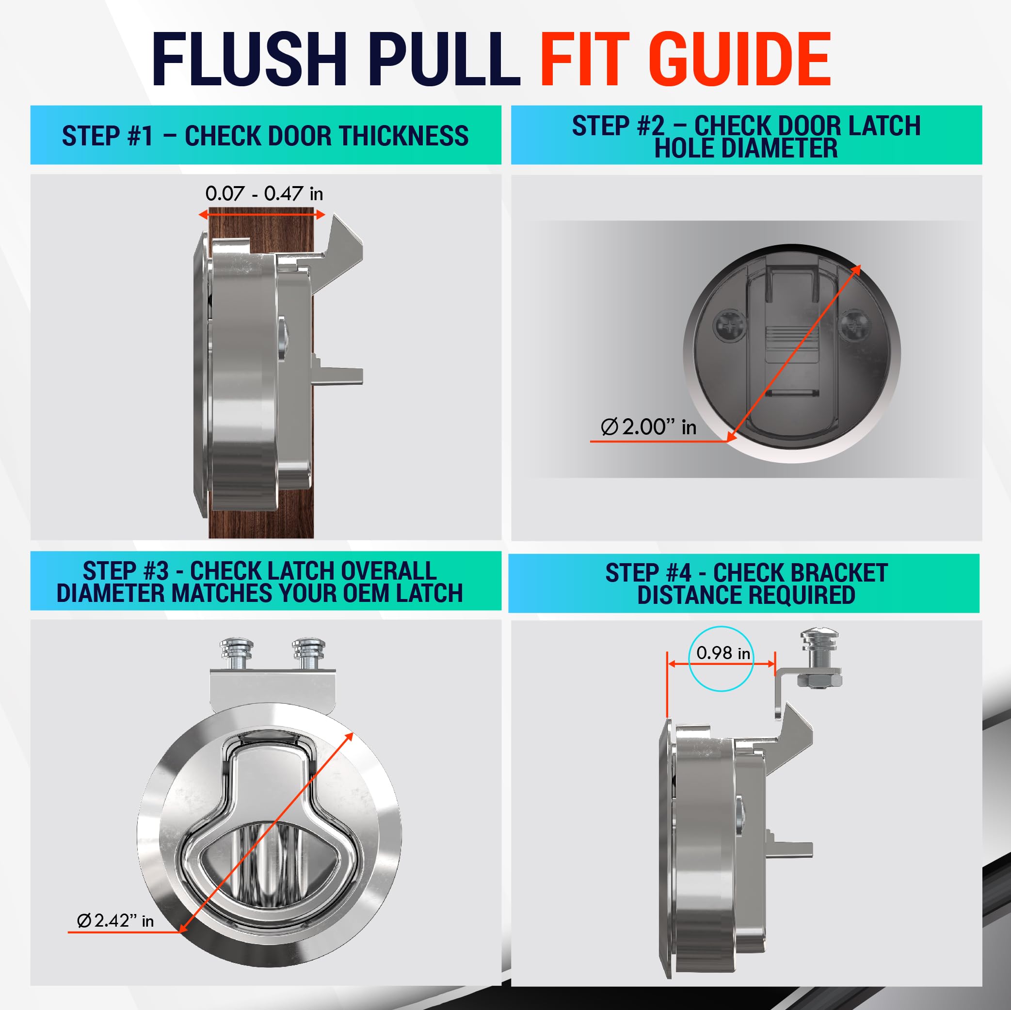 LATCH.IT RV Flush Latch Lock | 2 Pack Chrome Flush Slam Latch | Flush Mount Latch | 100% Metal Boat Latch | Heavy Duty RV Boat Lid Lock | Fits Lock Holes w/Diameter of 2” & Door Thickness up to 0.5”!