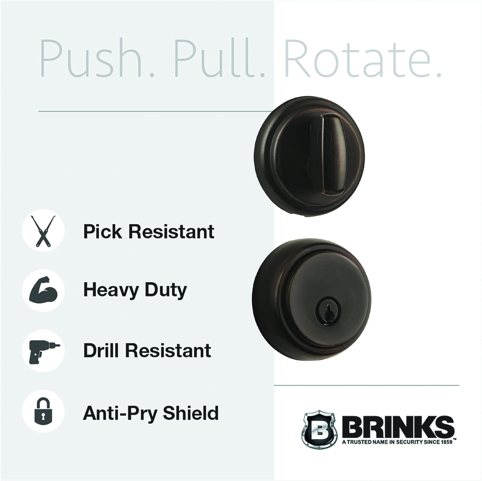 BRINKS - Amberhall Push Pull Rotate Keyed Deadbolt, Tuscan Bronze - Built for Rigorous Residential Protection, ANSI Grade 2 Security