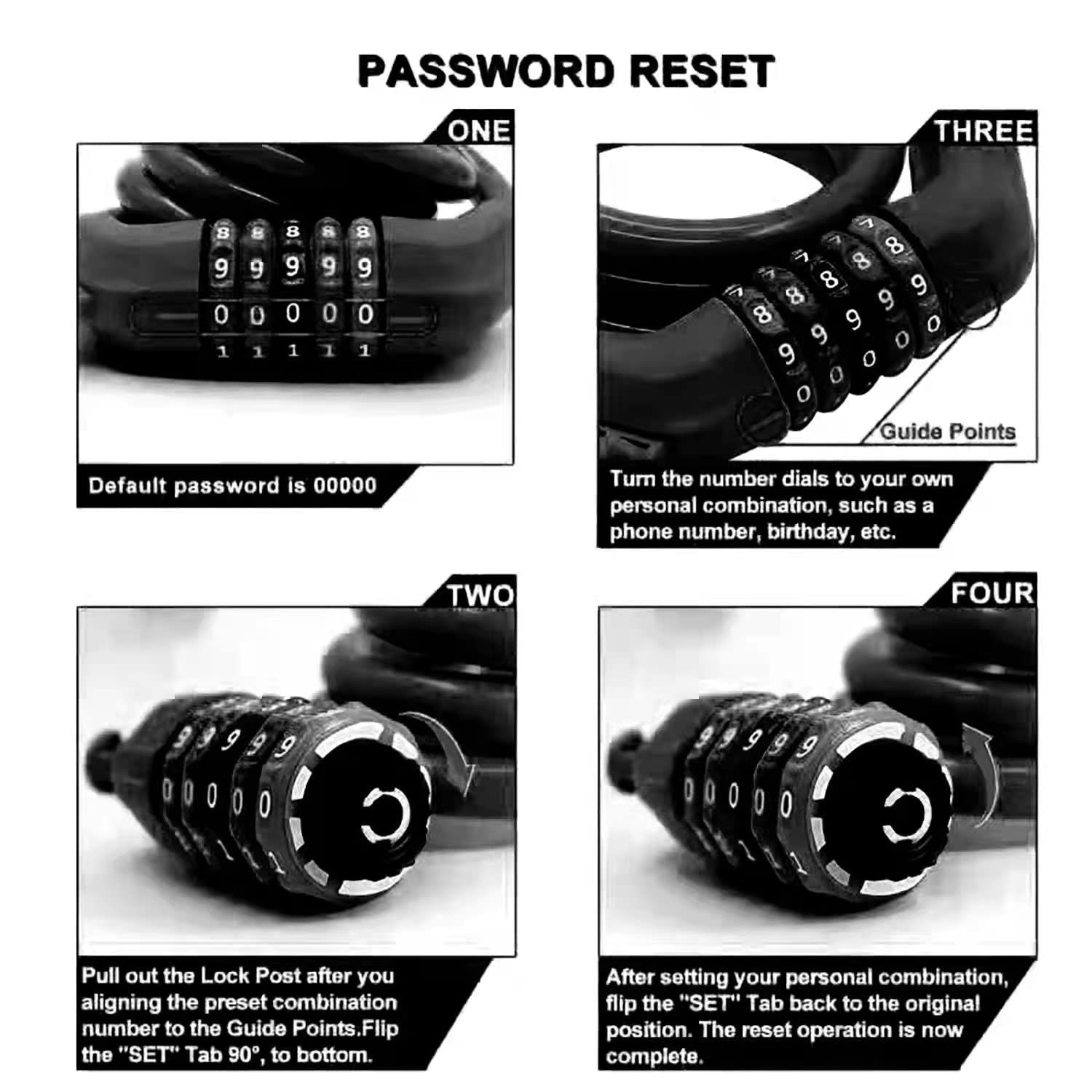 IDEALUX Bike Lock Cable, 4 Feet Resettable Cable Lock, Self Coiling 5 Digit Combination Bike Lock, Pefect for Locking Motocylce E Bike Scooter Skatebord (Black)