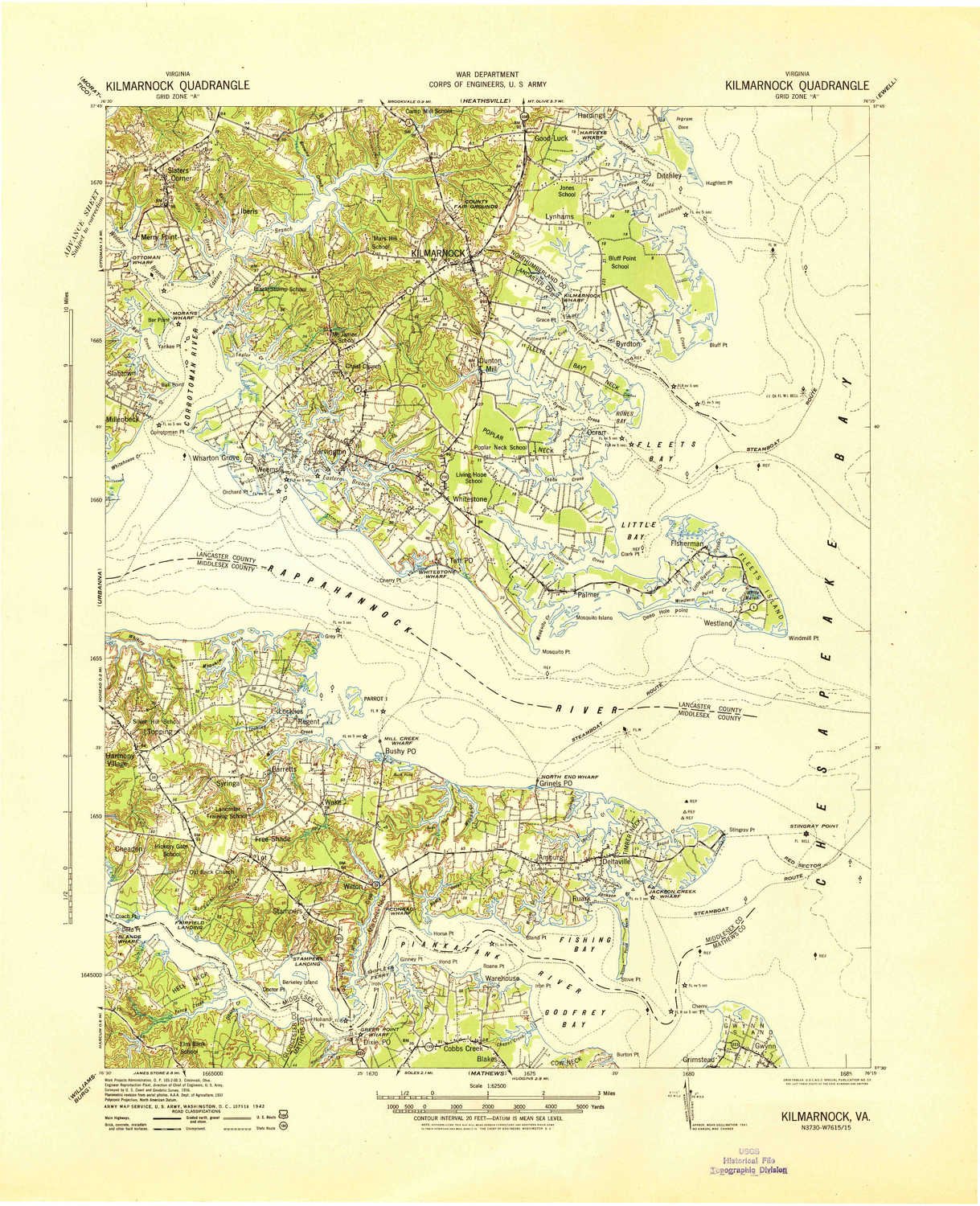 YellowMaps Kilmarnock VA topo map, 1:62500 Scale, 15 X 15 Minute, Historical, 1942, 21.8 x 17.8 in - Tyvek