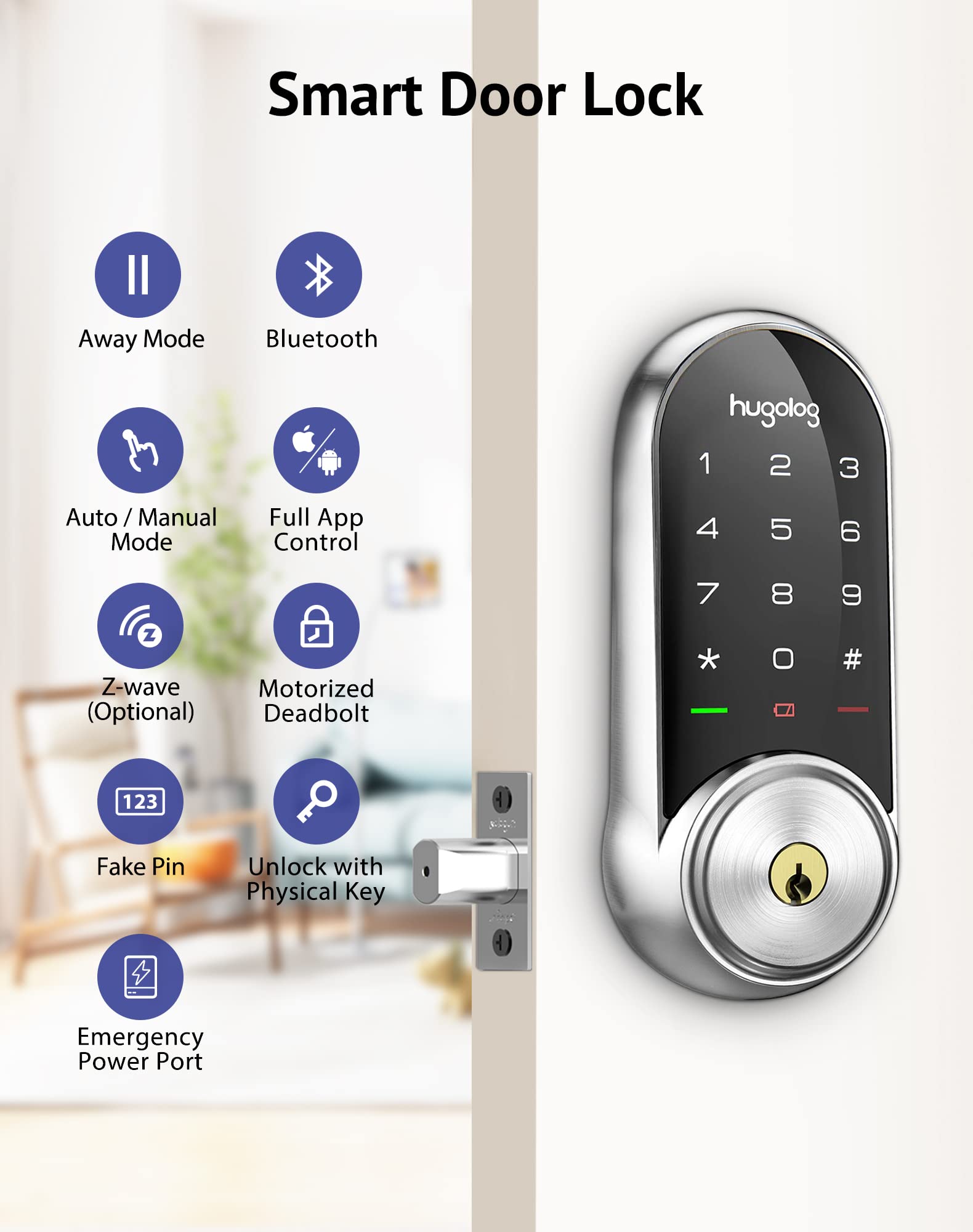 Hugolog Smart Lock,Keyless Entry Door Lock,Keypad Smart Door Lock,Smart Deadbolt Lock,Electronic Door Lock with Keyless Deadbolt,Bluetooth Digital Door Lock for Home,Airbnb,Garage