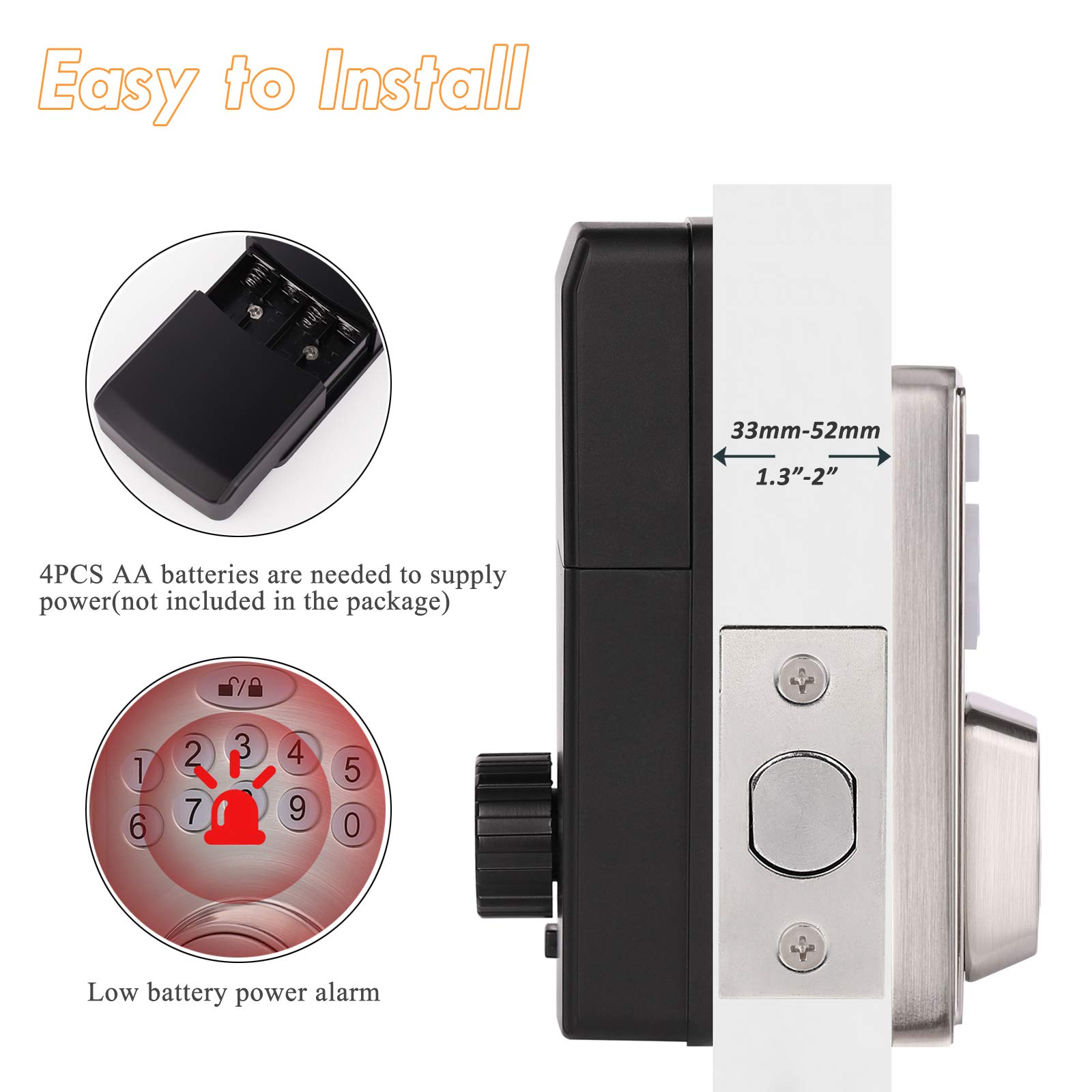 Probrico Keypad Lock, Electronic Deadbolt, Keyless Entry Door Lock with 100 Codes, Single Cylinder Smart Deadbolt Lock with Auto-Lock and Back-Lit, Easy to Install, Satin Nickel