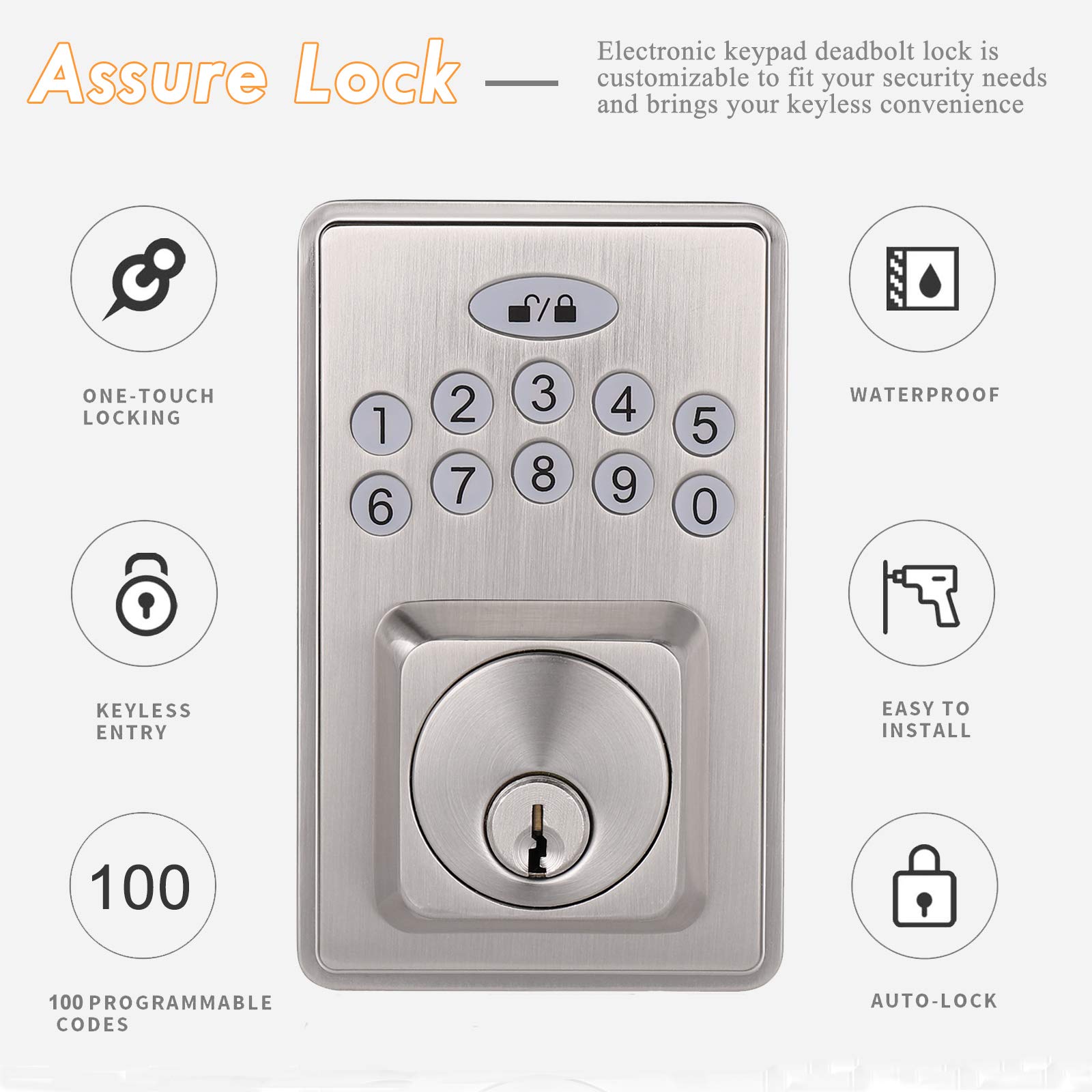 Probrico Keypad Lock, Electronic Deadbolt, Keyless Entry Door Lock with 100 Codes, Single Cylinder Smart Deadbolt Lock with Auto-Lock and Back-Lit, Easy to Install, Satin Nickel