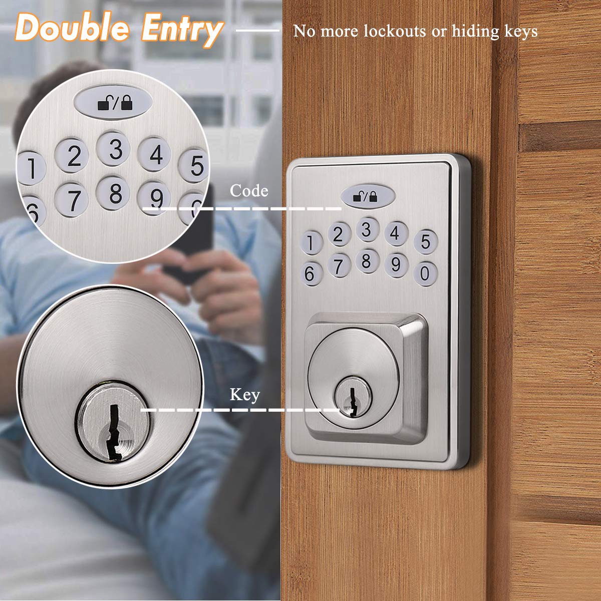 Probrico Keypad Lock, Electronic Deadbolt, Keyless Entry Door Lock with 100 Codes, Single Cylinder Smart Deadbolt Lock with Auto-Lock and Back-Lit, Easy to Install, Satin Nickel