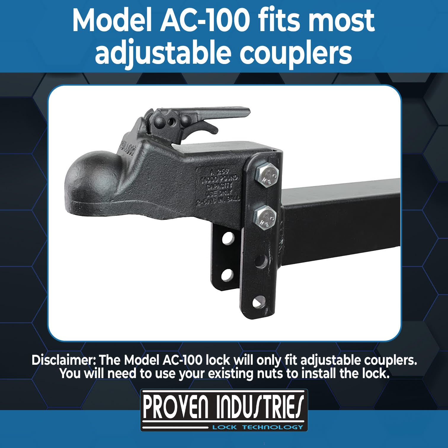 Proven Industries Model AC-100 Coupler-Bolt Lock, Adjustable Coupler Lock, Made in The USA, (Blue)