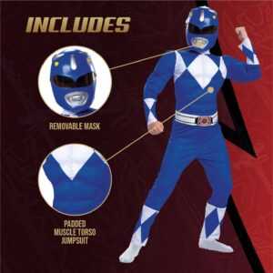 Blue Power Ranger Costume, Kids Size Beast Morphers Muscle Padded Character Jumpsuit and Mask, Classic Child Size Small (4-6)