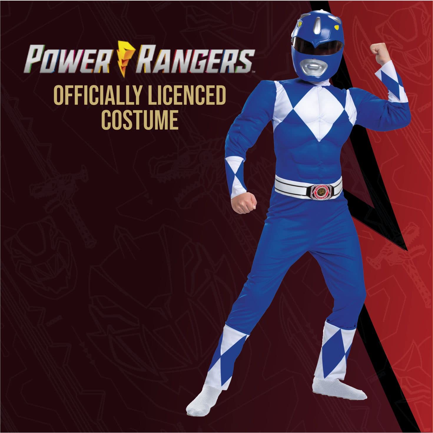 Blue Power Ranger Costume, Kids Size Beast Morphers Muscle Padded Character Jumpsuit and Mask, Classic Child Size Small (4-6)