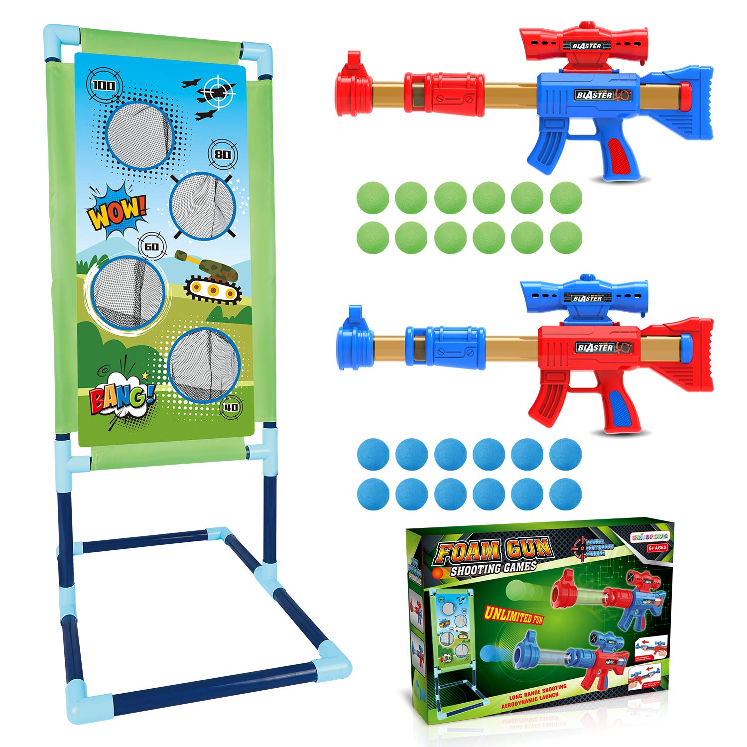 SpringFlower Shooting Game Toy for 5 6 7 8 9 10+ Years Olds Boys,2pk Foam Ball Popper Air Toy Guns with Standing Shooting Target,24 Foam Balls, Ideal Gift